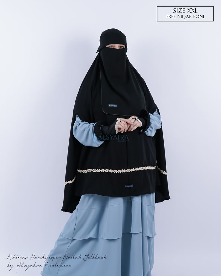 Set Khimar Syari Handzipper Nailah Size XXL Niqab Poni Jetblack Alsyahra Exclusive