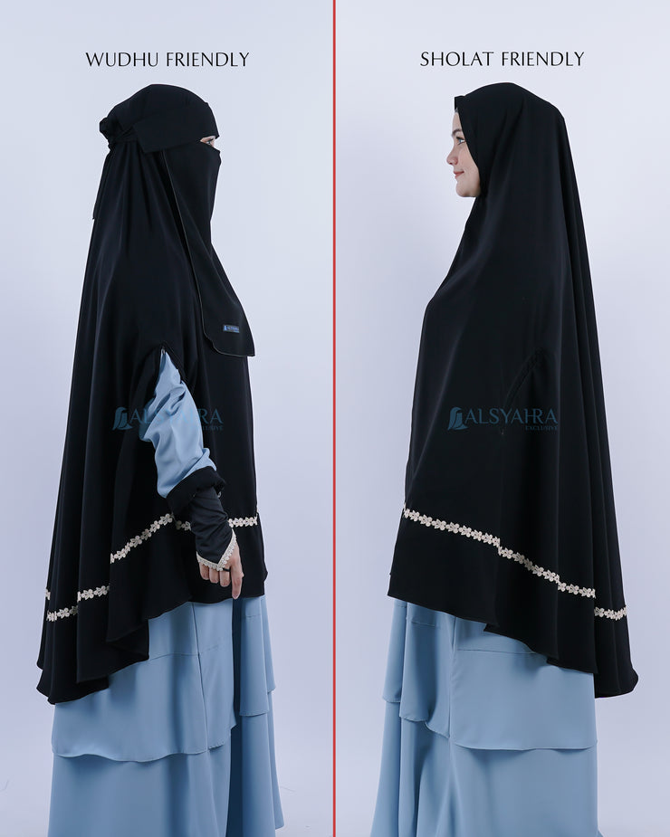 Set Khimar Syari Handzipper Nailah Size XXL Niqab Poni Jetblack Alsyahra Exclusive