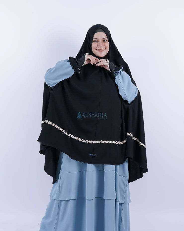 Set Khimar Syari Handzipper Nailah Size XXL Niqab Poni Jetblack Alsyahra Exclusive