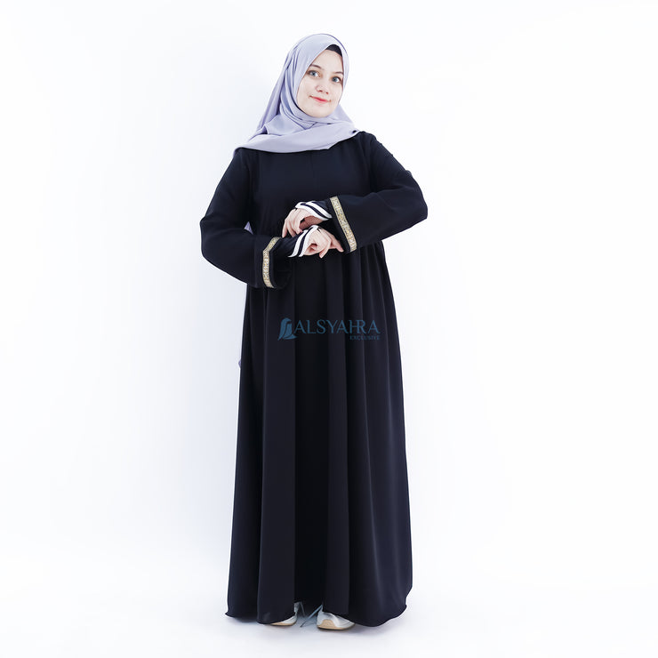 Abaya Gamis Syari Pita India Gold Jetblack Alsyahra Exclusive