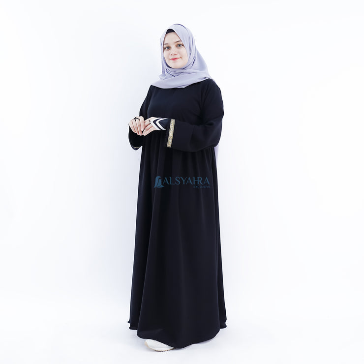 Abaya Gamis Syari Pita India Gold Jetblack Alsyahra Exclusive