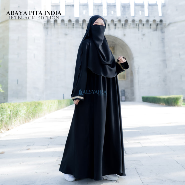 Abaya Gamis Syari Pita India Gold Jetblack Alsyahra Exclusive