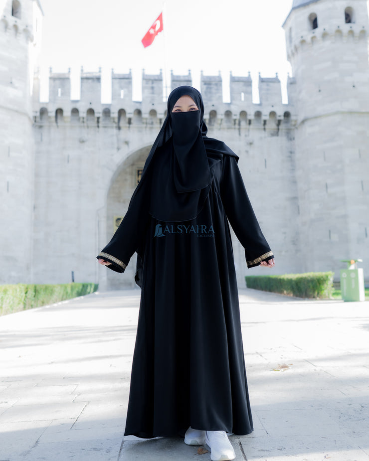 Abaya Gamis Syari Pita India Gold Jetblack Alsyahra Exclusive