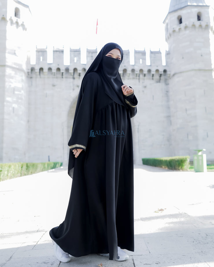 Abaya Gamis Syari Pita India Gold Jetblack Alsyahra Exclusive