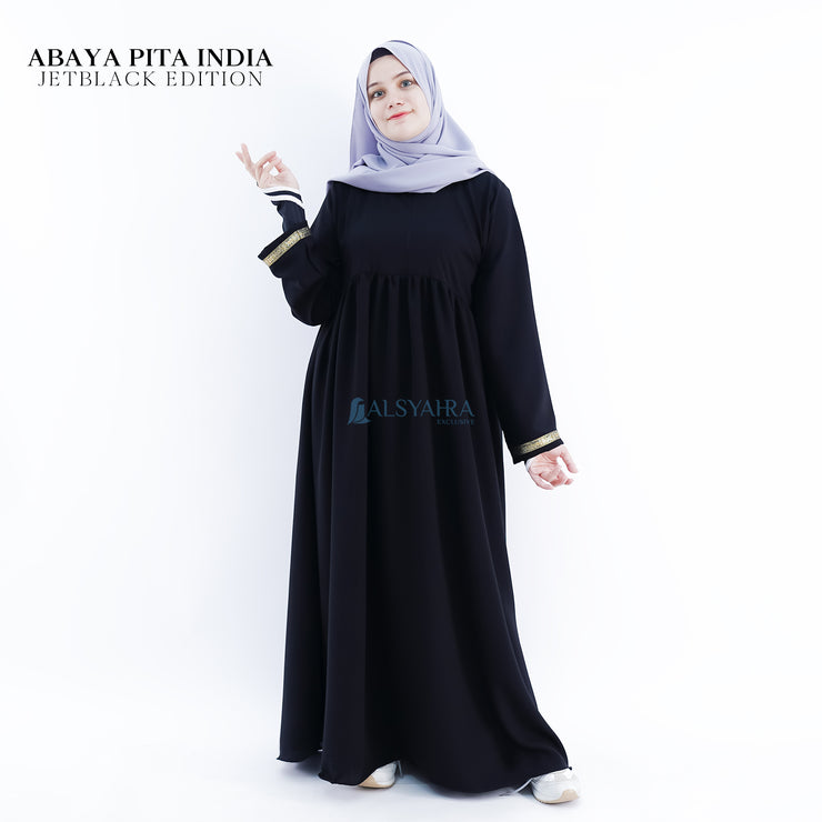 Abaya Gamis Syari Pita India Gold Jetblack Alsyahra Exclusive