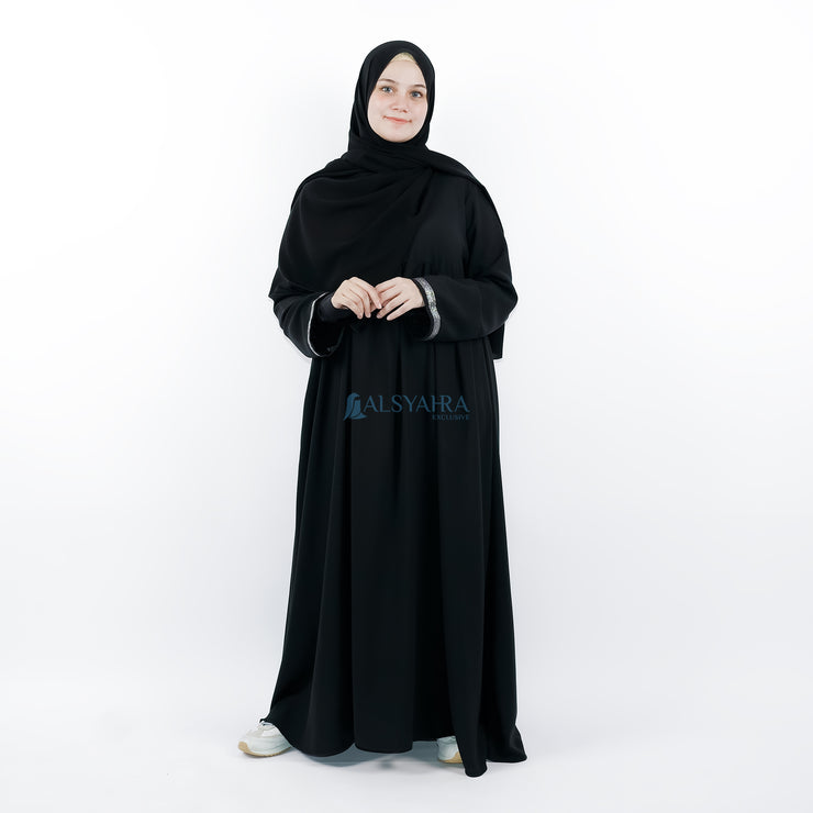 Abaya Gamis Syari Pita India Silver Jetblack Alsyahra Exclusive
